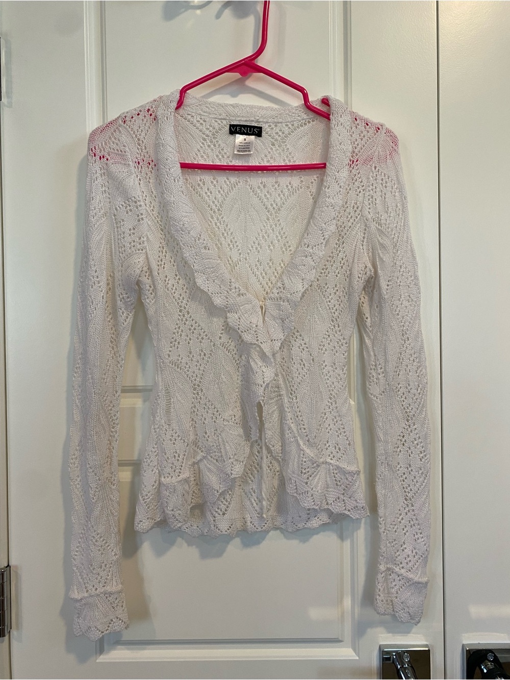 VENUS White Openwork Ruffle-Trim Cardigan